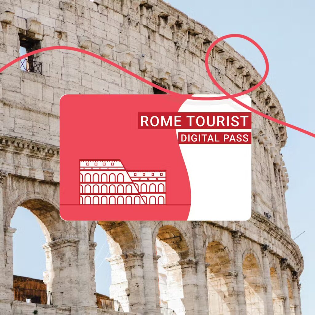 Rome Tourist Digital Pass superimposed on the Colosseum in Rome