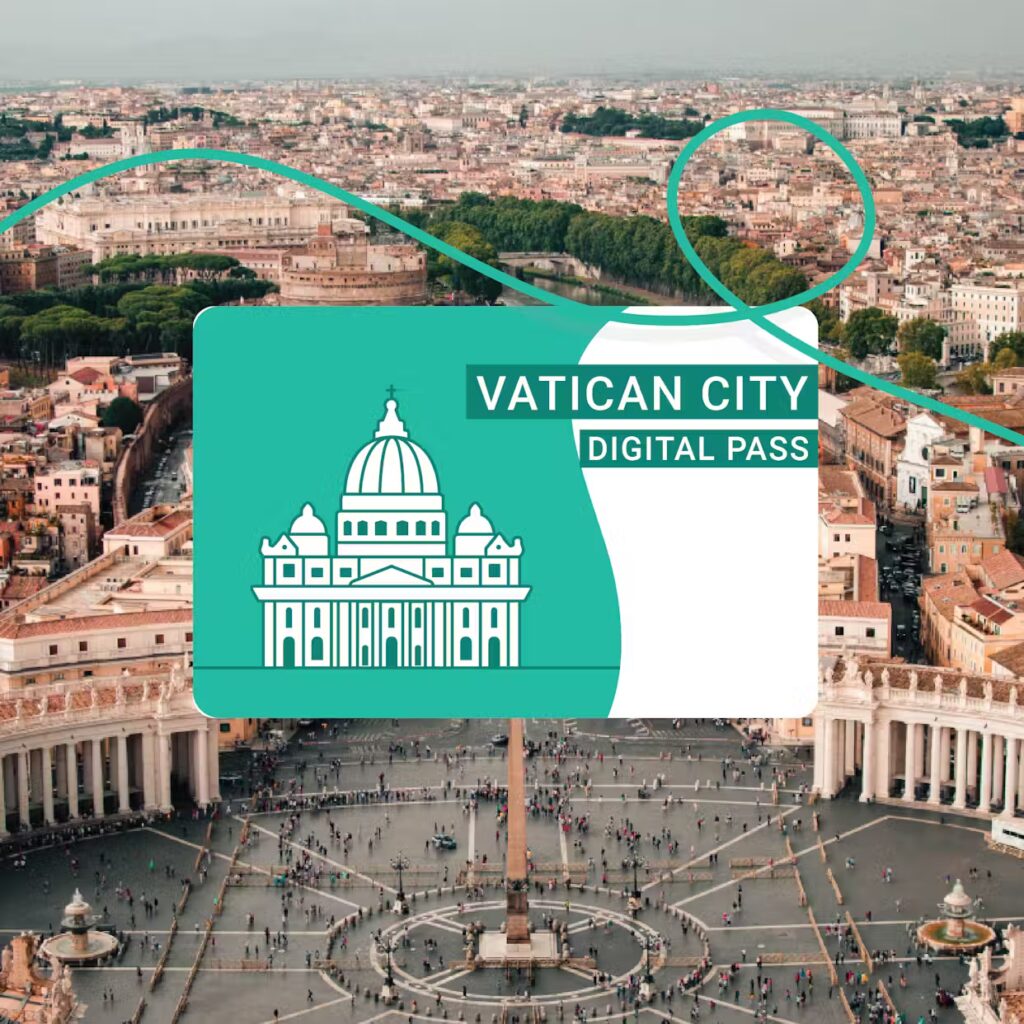 Vatican City Digital Pass with St. Peter's Square and Rome in the background.